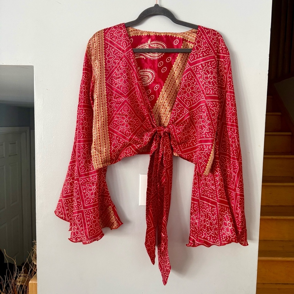 Vintage 100% Silk Sari Wrap Top ✦ Red Whimsigoth Bell Sleeve Boho One-of-a-Kind